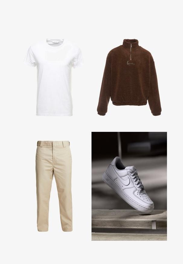 Pull en polaire marron avec col montant, fermeture éclair partielle à l'avant et manches longues. Présente un logo blanc sur la poitrine. Tissu doux et texturé.; T-shirt en coton blanc à manches courtes, design col rond et texture lisse. Étiquette visible au niveau du col. Style simple et classique.; Pantalons en coton beige avec une coupe slim, des jambes droites et des passants de ceinture ; texture lisse et design minimaliste sans accents visibles.; La basket Nike Air Force 1 en cuir blanc présente un embout perforé, des lacets plats et une semelle en caoutchouc texturée avec le logo « AIR » sur le côté.