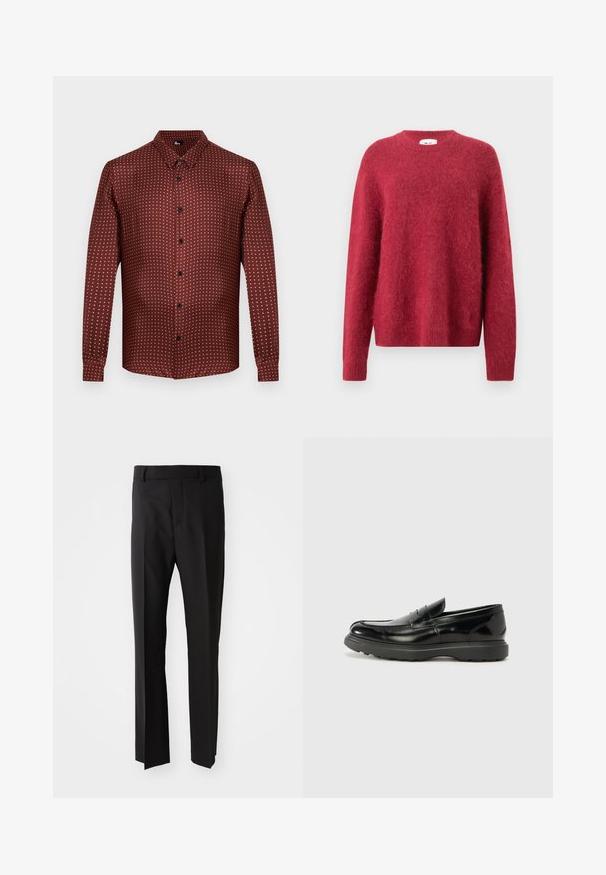 Rød strikket sweater lavet af blødt materiale, med rund halsudskæring, lange ærmer og ribbede manchetter og forneden.; Bordeaux knap-up skjorte med et struktureret stof, der har et prikmønster i cremefarve. Lange ærmer og et traditionelt kravedesign.; Sorte bukser med lige pasform, lavet af glat stof, med en talje der har bæltestropper og sidelommer. Ingen synlige mønstre eller detaljer.; Sort læderloafer med en blank finish, rund tå, subtile syninger og en tyk gummisål for holdbarhed.