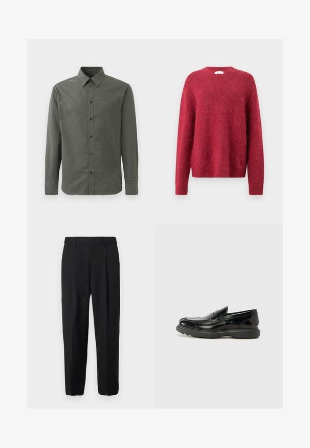 Rød strikket sweater lavet af blødt materiale, med rund halsudskæring, lange ærmer og ribbede manchetter og forneden.; Langærmet skjorte med knapper i mørkegrøn, lavet af struktureret stof. Har en klassisk krave og fem forreste knapper.; Sorte bukser med lige ben design, lavet af vævet stof, med en flad front, bæltestropper og to sidelommer.; Sort læderloafer med en blank finish, rund tå, subtile syninger og en tyk gummisål for holdbarhed.