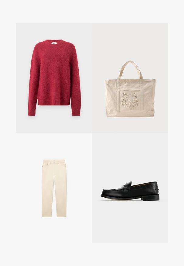 Rode gebreide trui van fluffy materiaal, met een ronde halslijn, lange mouwen en een geribbelde boord en zoom.; Witte beige denim jeans met een rechte pijp, voorzien van vijf zakken, een knoop- en ritsluiting, en subtiele stikseldetails.; Zwarte leren herenloafer met een lage hak en mocassinstiksels op de teen, zijaanzicht op een effen achtergrond.; Beige canvas tas met dubbele handvatten en een reliëf ontwerp van een wolfskop op het voorvak.