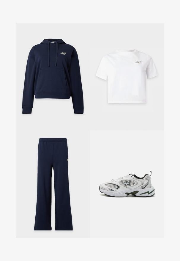 Marineblaue Kapuzenjacke mit Fronttasche, Kordelzug und kleinem besticktem Logo auf der linken Brust vor einfachem Hintergrund.; Weißes kurzärmeliges Cropped-T-Shirt mit kleinem schwarzem Logo auf der linken Brust.; Marineblaue Hose mit weitem Bein, elastischem Bund und kleinem Logo oben links vor hellem Hintergrund.; Weiße Sportschuhe mit Netzpanelen, schwarzen Akzenten und einer strukturierten Sohle. Sie bieten ein schlankes Design und ein auffälliges Logo an der Seite.