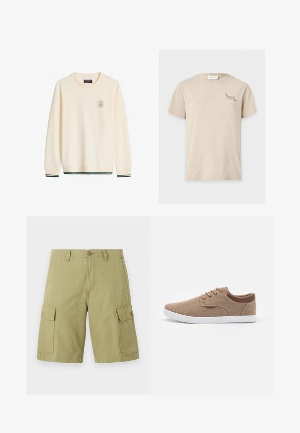 Sweat-shirt crème à col rond avec manches longues, petit logo rond sur la poitrine gauche et bandes vertes aux poignets et à l'ourlet.; T-shirt beige à manches courtes avec petit texte noir "Natural Culture" et dessins d'insectes sur le haut gauche de la poitrine, étiquette "Pier One" à l'intérieur du col.; Shorts cargo kaki clair avec fermeture par bouton, passants pour ceinture et deux grandes poches à rabat à bouton sur chaque cuisse.; Sneaker en toile beige avec des accents en cuir marron, semelle blanche, bout rond et six œillets en métal pour les lacets. Design de tige à texture lisse.