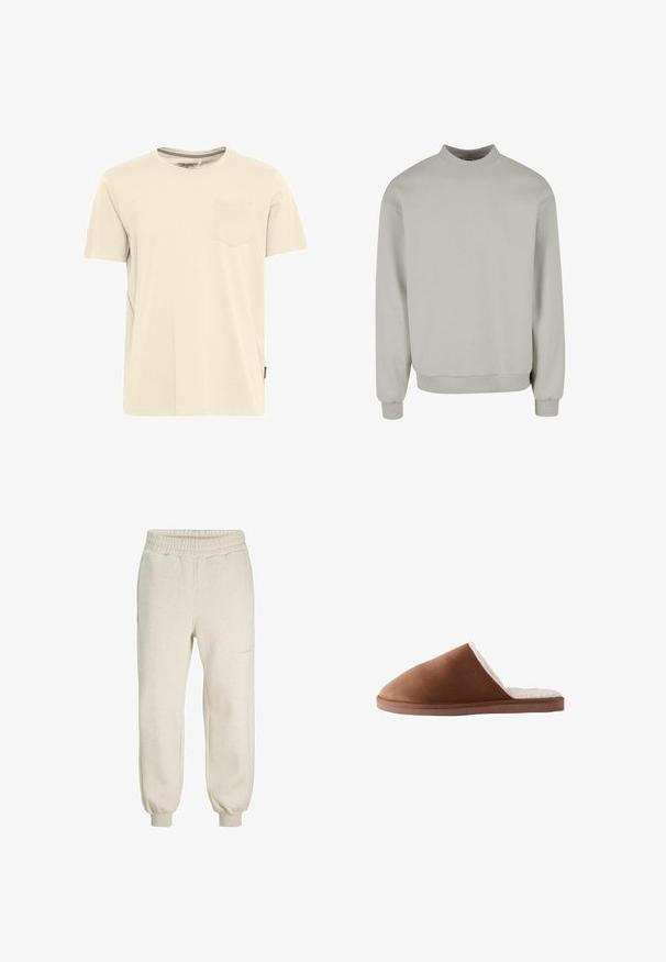 Lichtgrijze sweatshirt met een hoge halslijn, lange mouwen en ribgebreide manchetten en onderkant. Gemaakt van een zachte, gestructureerde stof.; Lichtbeige T-shirt met korte mouwen van katoen, met een ronde hals en een klein borstzakje aan de linkerkant. Textuurdetail bij de kraag.; Lichtbeige sweats met een zachte stof, voorzien van een elastische tailleband, boordjes bij de enkels en zijzakken. Eenvoudig, onopgesmukt ontwerp.; Bruine suède pantoffel met een zachte witte bontvoering, met een gesloten hiel ontwerp en een platte, gestructureerde zool.