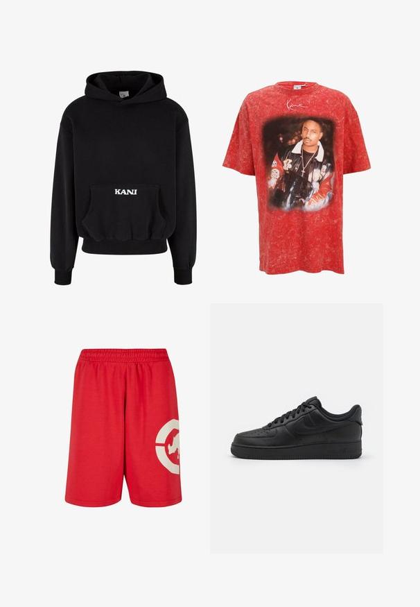 Sudadera con capucha negra hecha de una mezcla de algodón, con un bolsillo frontal y letras blancas "KANI" en el bolsillo. Puños y dobladillo acanalados.; Camiseta roja de gran tamaño con un acabado texturizado y una impresión gráfica central de un hombre con una chaqueta negra que presenta varios parches.; Pantalones cortos de algodón rojos con una cinturilla elástica, que presentan un gran diseño gráfico blanco en la pierna izquierda y una textura suave.; Nike Sportswear AIR FORCE 1 07 FLYEASE - Zapatillas - black