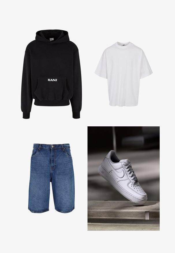 Schwarzer Kapuzenpullover aus Baumwollmischung mit einer Fronttasche und weißer Schrift "KANI" auf der Tasche. Rippbündchen an Saum und Ärmeln.; Weißes Baumwoll-T-Shirt mit Rundhalsausschnitt und kurzen Ärmeln, das eine lockere Passform und dezente Nähte aufweist.; Denim-Shorts in mittlerem Blau mit klassischem Design, fünf Taschen und einem Reißverschluss mit Knopfverschluss. Grobe Struktur und gerader Schnitt.; Weißer Nike Air Force 1 Sneaker aus Leder mit perforierter Zehenpartie, flachen Schnürsenkeln und strukturierter Gummisohle mit "AIR"-Branding an der Seite.