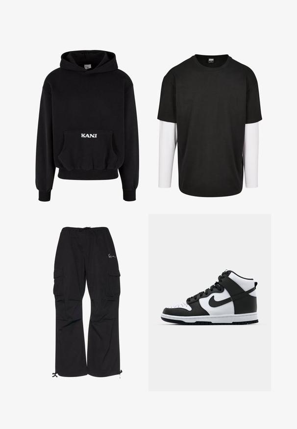 Zwarte hoodie van een katoenmix, met een frontzak en witte letters "KANI" op de zak. Ribgebreide zoom en manchetten.; Zwarte T-shirt met korte mouwen en een witte laag met lange mouwen eronder. Gemaakt van katoen met een ronde hals en een relaxte pasvorm.; Zwarte cargobroek van lichtgewicht stof, met een elastische tailleband met koord, zijzakken en verstelbare manchetten.; Zwart-witte hoge sneakers met leren bovenwerk, geperforeerde neus, prominente swoosh-logo en een getextureerde rubberen zool.