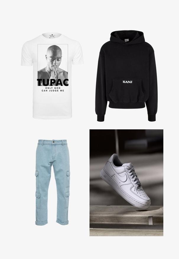 Schwarzer Kapuzenpullover aus Baumwollmischung mit einer Fronttasche und weißer Schrift "KANI" auf der Tasche. Rippbündchen an Saum und Ärmeln.; Weißes Baumwoll-T-Shirt mit einem schwarz-weißen Grafikmotiv eines Mannes, der die Hände zum Gebet zusammenhält, mit dem Text "TUPAC" und "NUR GOTT KANN MICH VERURTEILEN."; Karl Kani KK SMALL SIGNATURE - Jeans Straight Leg - bleached blue; Weißer Nike Air Force 1 Sneaker aus Leder mit perforierter Zehenpartie, flachen Schnürsenkeln und strukturierter Gummisohle mit "AIR"-Branding an der Seite.