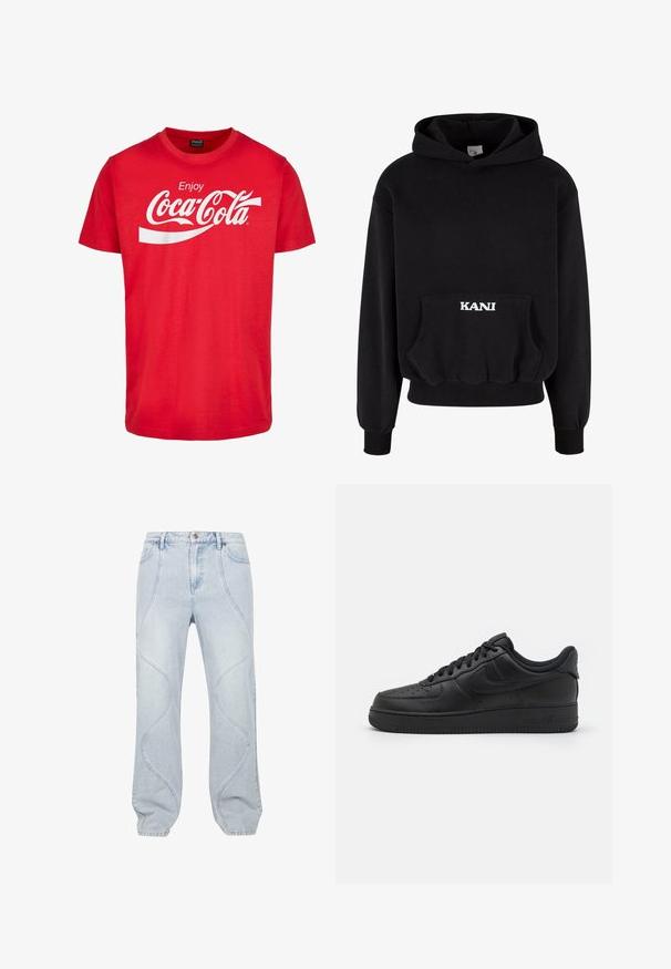 Zwarte hoodie van een katoenmix, met een frontzak en witte letters "KANI" op de zak. Ribgebreide zoom en manchetten.; Rode katoenen T-shirt met korte mouwen, voorzien van een witte "Coca-Cola"-logo en een golvend ontwerp op de borst. Klassieke ronde halsstijl.; Lichtblauwe denim jeans met gebogen stikpatronen, een knoopsluiting en een relaxte pasvorm. De stof heeft een zachte textuur met een lichte vervaging.; Nike Sportswear AIR FORCE 1 07 FLYEASE - Sneakers laag - black