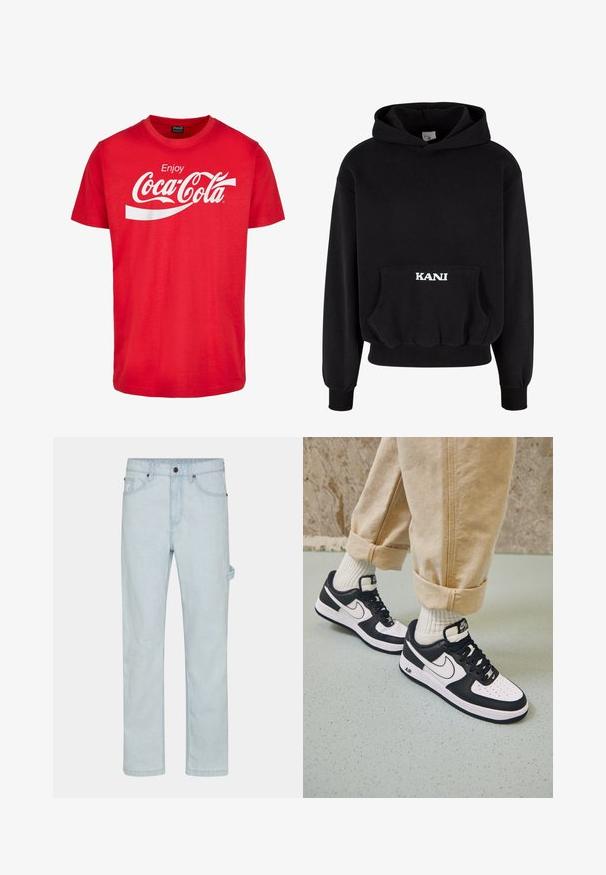 Zwarte hoodie van een katoenmix, met een frontzak en witte letters "KANI" op de zak. Ribgebreide zoom en manchetten.; Rode katoenen T-shirt met korte mouwen, voorzien van een witte "Coca-Cola"-logo en een golvend ontwerp op de borst. Klassieke ronde halsstijl.; Lichtblauwe denim jeans met rechte snit, voorzien van een knoopsluiting, vijf zakken en een zijlusdetail voor extra functionaliteit.; Zwart-witte Nike Air Force 1 sneakers met een leren bovenwerk, geperforeerde neus en gestructureerde zooldetails, gedragen met opgerolde beige broek en witte sokken.