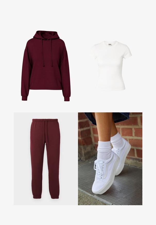 Sudadera burdeos de manga larga con cordones en el frente, puños acanalados y un corte holgado.; Camiseta blanca ajustada de manga corta y cuello redondo con etiqueta Urban Classics en el interior del cuello.; Pantalones de chándal burdeos con cintura elástica, cordón, bolsillos laterales y puños elásticos sobre un fondo blanco liso.; Zapatillas de lona blancas con suelas de goma, que presentan seis ojales, puntera redonda y detalles de costura ligera, combinadas con calcetines blancos hasta el tobillo.