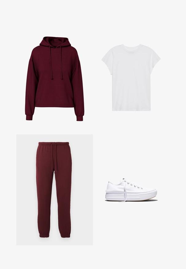 Sudadera burdeos de manga larga con cordones en el frente, puños acanalados y un corte holgado.; Camiseta blanca de manga corta con cuello redondo, corte relajado, hecha de suave tela de algodón. Textura lisa, sin estampados ni logotipos.; Pantalones de chándal burdeos con cintura elástica, cordón, bolsillos laterales y puños elásticos sobre un fondo blanco liso.; Zapatilla blanca de lona de perfil bajo con suela gruesa de plataforma, cierre de cordones en el frente y puntera de goma texturizada, mostrada de perfil.