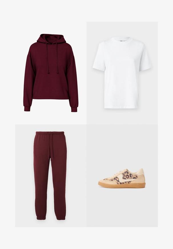 Bordeaux lange mouwen hoodie met voorste trekkoorden, geribde manchetten en een losse pasvorm.; Witte katoenen T-shirt met ronde hals, korte mouwen en een gladde textuur. Ontworpen met een comfortabele en veelzijdige relaxte pasvorm.; Bordeaux joggerbroeken met elastische tailleband, trekkoord, zijzakken en elastische boorden op een effen witte achtergrond.; Luipaardprint sneakers met een beige suède bovenkant, tan rubberen zool en witte accenten. Ronde neus en vetersluiting met een gestructureerde afwerking.