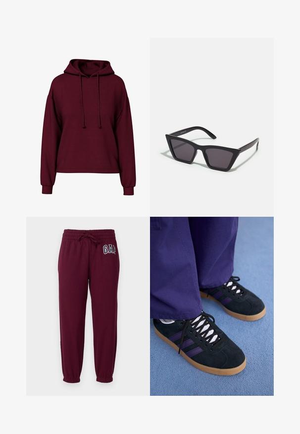 Bordový dlhý rukáv hoodie s prednými šnúrkami, rebrovanými manžetami a voľným strihom.; GAP Petite HERITAGE - Tepláky - ruby wine; Čierne semišové tenisky s fialovými pruhmi, bielymi šnúrami a gumenými podrážkami. Nosené s voľnými fialovými nohavicami, nastavené proti modrému pozadiu.; Čierne, ostré slnečné okuliare so sivými sklami; vyrobené z plastu, majú hrubé ramená s hladkým povrchom a bez viditeľnej mechaniky.