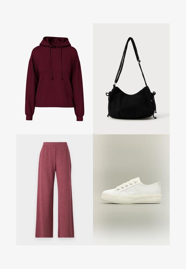 Haut à capuche bordeaux à manches longues avec cordons de serrage à l'avant, poignets côtelés et coupe ample.; Pantalons larges bordeaux en tissu doux et texturé, dotés d'une taille élastique et d'un design ample et fluide.; Baskets basses blanches avec semelle épaisse côtelée, lacets à l'avant et languette à l'arrière sur fond neutre.; Sac à épaule en velours côtelé noir avec une forme courbée, bandoulière réglable et fermetures à cordon des deux côtés pour un ajustement de taille.