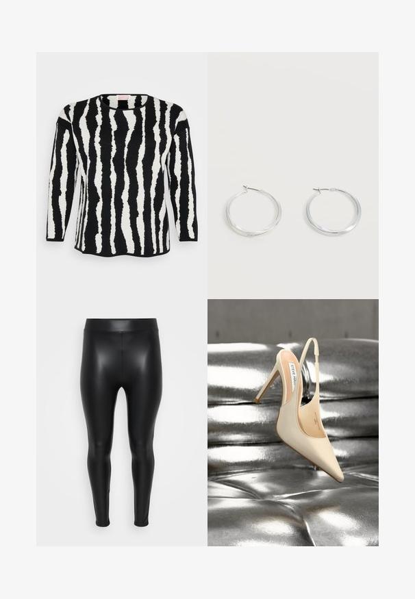 Langærmet sweater i sort og hvid med et struktureret, bølget stribemønster. Rund halsudskæring, blødt materiale og afslappet pasform.; Sorte leggings lavet af et glat, skinnende materiale. Høj talje, tætsiddende design, og ingen synlige sømme eller mønstre.; Beige spids tå slingback højhælet sko med tynd hæl, der hviler på en skinnende sølv polstret overflade.; Sølvfarvede metaloorringe med glat, let buet overflade og låsemekanisme på en ensfarvet hvid baggrund.