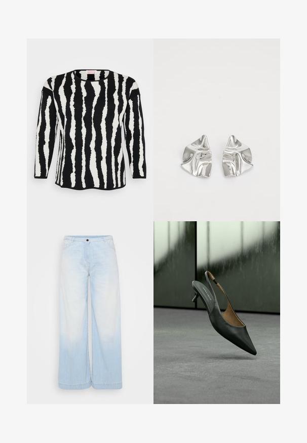 Langærmet sweater i sort og hvid med et struktureret, bølget stribemønster. Rund halsudskæring, blødt materiale og afslappet pasform.; Lysblå denim brede bukser med en gradient vask, der har en knaplukning, forlommer og kontrastsyninger langs kanten.; Sort slingback sko med spidset tå og lille hæl med tynd rem og "ANNA FIELD" mærke på indersålen, mod en sløret grå baggrund.; Sølvmetal øreringe med et bølgende, skulpturelt design, der har en poleret overflade og uregelmæssige former, hvilket fremhæver en moderne æstetik.