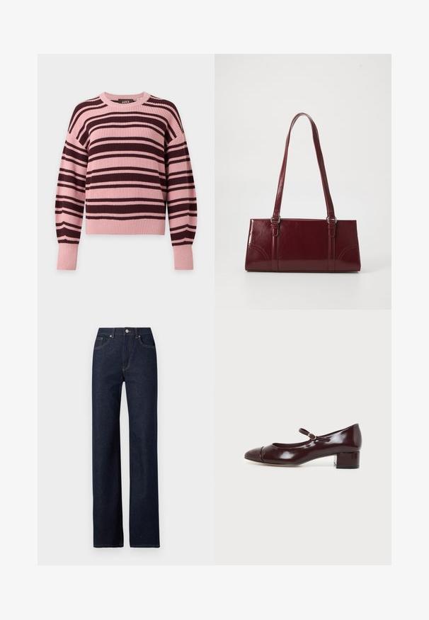 Pull en maille à manches longues avec rayures horizontales roses et brun foncé, poignets et ourlet côtelés.; Jeans en denim bleu foncé avec une coupe droite, style classique à cinq poches, couture visible et fermeture à bouton à l'avant.; Chaussure Mary Jane en cuir verni bordeaux foncé avec un petit talon carré et une petite bride avec boucle ronde sur le dessus du pied.; Sac à main bordeaux en matériau brillant, de forme rectangulaire, avec deux anses et des accents légèrement courbés à l'avant.