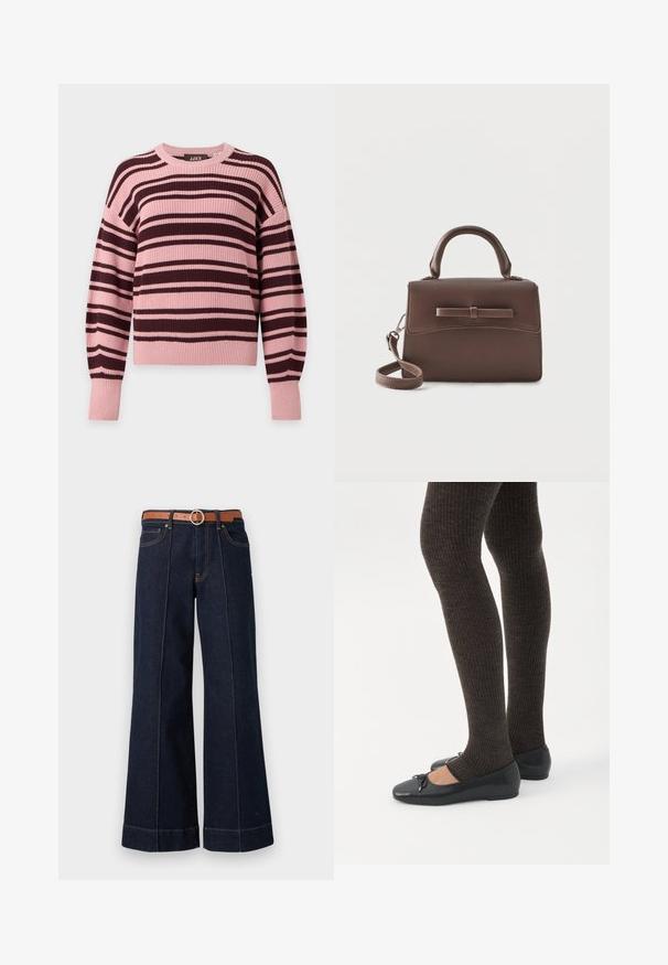 Gebreide trui met lange mouwen met horizontale roze en donkerbruine strepen en geribde boorden en zoom.; Donkerblauwe denim wijde pijpen jeans met een hoge taille, een brown riem en zichtbare stikseldetails. Bevat voorzakken en heeft een relaxed fit.; Benen met donkere geribbelde leggings gecombineerd met zwarte ballerina's met kleine strikdetails op een witte achtergrond.; Kleine bruine leren handtas met bovenhandvat, afneembare schouderriem en voorsluiting, geaccentueerd met een horizontale leren riem.