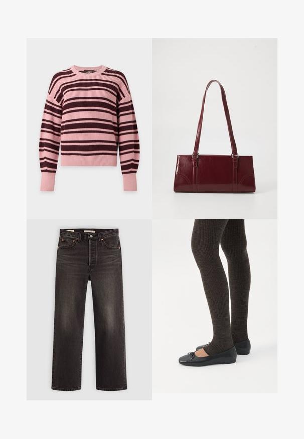 Pull en maille à manches longues avec rayures horizontales roses et brun foncé, poignets et ourlet côtelés.; Jeans en denim noir avec une coupe droite. Comprend des rivets en cuivre et des poches. Texture lisse et finition légèrement décolorée.; Jambes portant des leggings côtelés foncés associés à des ballerines noires avec de petits détails en nœud sur fond blanc.; Sac à main bordeaux en matériau brillant, de forme rectangulaire, avec deux anses et des accents légèrement courbés à l'avant.