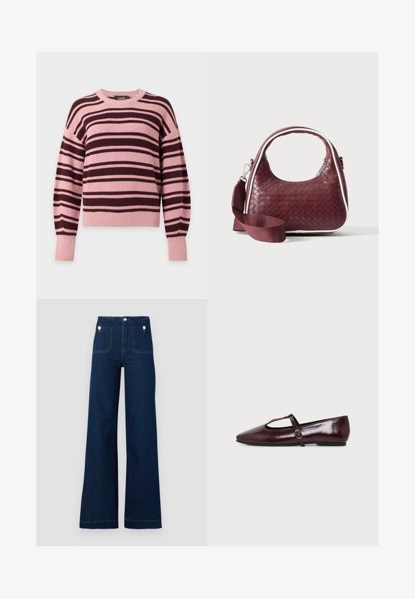 Long-sleeve knitted sweater with horizontal pink and dark brown stripes and ribbed cuffs and hem.; Dark blue wide-leg jeans with high waist, gold button accents, two front and back pockets, and contrasting stitch details. Textured denim fabric.; Dark burgundy leather flat shoe with a pointed toe and a thin T-strap with a silver buckle on a white background.; Maroon woven leather handbag with curved handle, white trim, silver zipper, and detachable wide fabric shoulder strap against plain background.