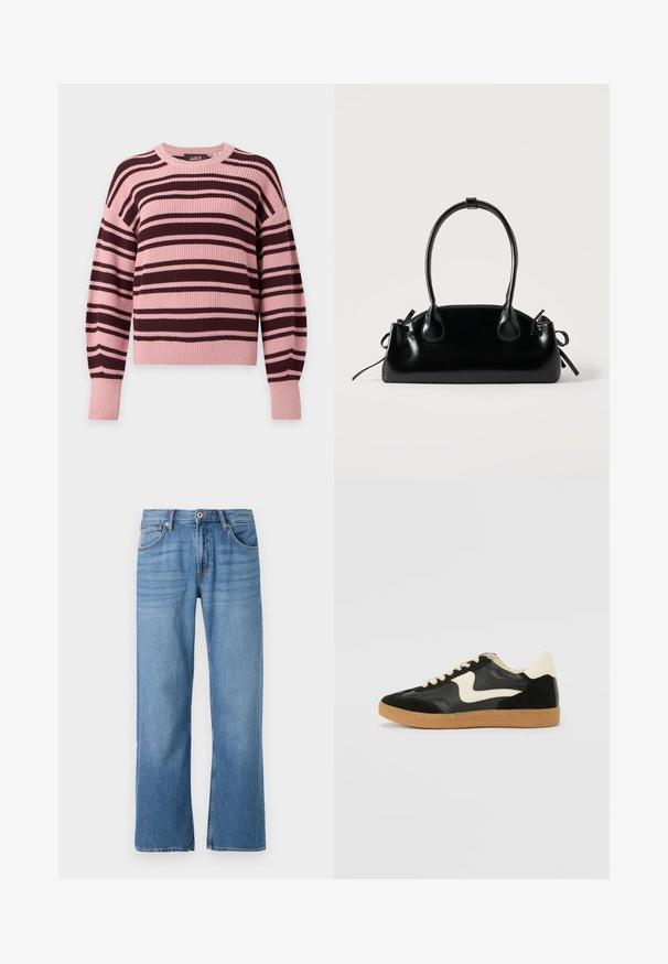 Gebreide trui met lange mouwen met horizontale roze en donkerbruine strepen en geribde boorden en zoom.; Lichtblauwe denim jeans met een recht model, vijf-pocket stijl, enkele knoopsluiting en gestikte details langs de naden.; Zwarte suède en leren sneaker met een crèmekleurige zij-swoosh en lichte crèmekleurige hiel. Voorzien van beige veters en een gumrubberen zool.; Kleine zwarte glanzende handtas met twee lange hengsels en zijkant trekkoord details op een effen lichte achtergrond.