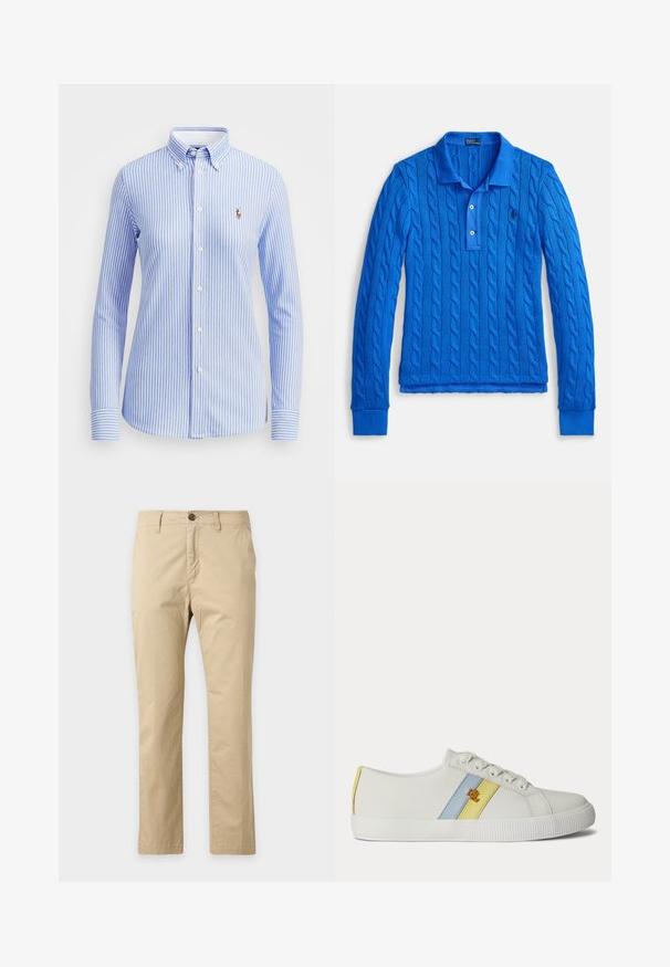 Suéter polo de manga larga azul de punto trenzado con cuello clásico, cierre de botones, puños acanalados y pequeño logo bordado en el pecho.; Camisa de botones a rayas azul claro y blanca con cuello, mangas largas y un pequeño logo bordado en la parte izquierda del pecho.; Chinos beige de pierna recta con cierre de botón, trabillas para cinturón y costuras sutiles en los bolsillos delanteros sobre un fondo liso.; Zapatilla blanca de corte bajo con rayas laterales azules y amarillas y un pequeño logo dorado, con cordones blancos y suela de goma texturizada.
