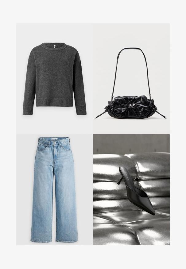 Pull en tricot gris foncé avec un col rond et des manches longues. Présente des poignets et un ourlet côtelés, fabriqué à partir d'un tissu doux et texturé.; Jeans larges bleu clair à taille haute, fabriqués en denim. Ils possèdent un design classique à cinq poches et des accessoires en métal.; Mule noire à bout pointu avec un talon fin, posée sur une surface matelassée argentée brillante et métallique.; Sac à main en cuir noir avec un design froncé et un détail en forme de nœud sur le devant. Dispose d'une poignée courte et d'accents de quincaillerie argentée.