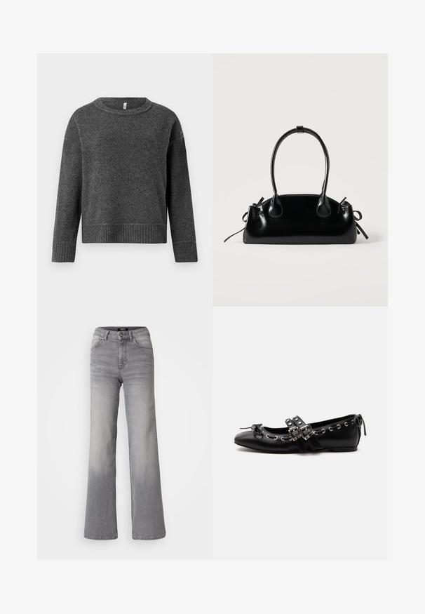 Donkergrijze gebreide trui met een ronde halslijn en lange mouwen. Heeft ribgebreide manchetten en zoom, gemaakt van zachte, gestructureerde stof.; Grijs denim jeans met hoge taille en rechte pijpen, voorzien van een knoop en ritssluiting aan de voorkant, voor- en achterzakken, en een vervaagde schaduw op de dijen en kuiten.; Zwarte platte balletschoen met dubbele gespsluitingen, zilveren oogjes en een klein strikje nabij de afgeronde neus op een witte achtergrond.; Kleine zwarte glanzende handtas met twee lange hengsels en zijkant trekkoord details op een effen lichte achtergrond.