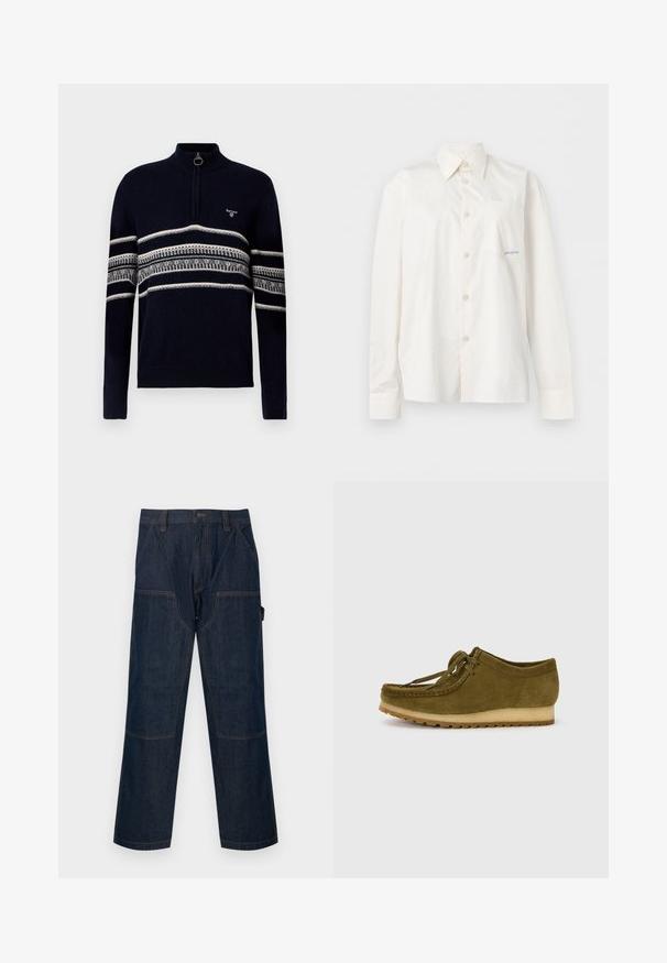 Marineblauwe half-zip trui met witte en grijze horizontale gestreepte patronen over de borst en mouwen, geribbelde boorden en onderrand.; Witte blouse met lange mouwen, knoopsluiting, puntkraag en borstzak, plat uitgespreid op een effen achtergrond.; Donkerblauwe denim werkbroek met rechte pijpen, verstevigde kniestukken, zijzakken, riemlussen en een knoopsluiting aan de voorkant.; Olijfgroene suède schoen met een ronde neus, vetersluiting en een lage, gestructureerde rubberen zool. Minimale stiknaad details langs de rand.