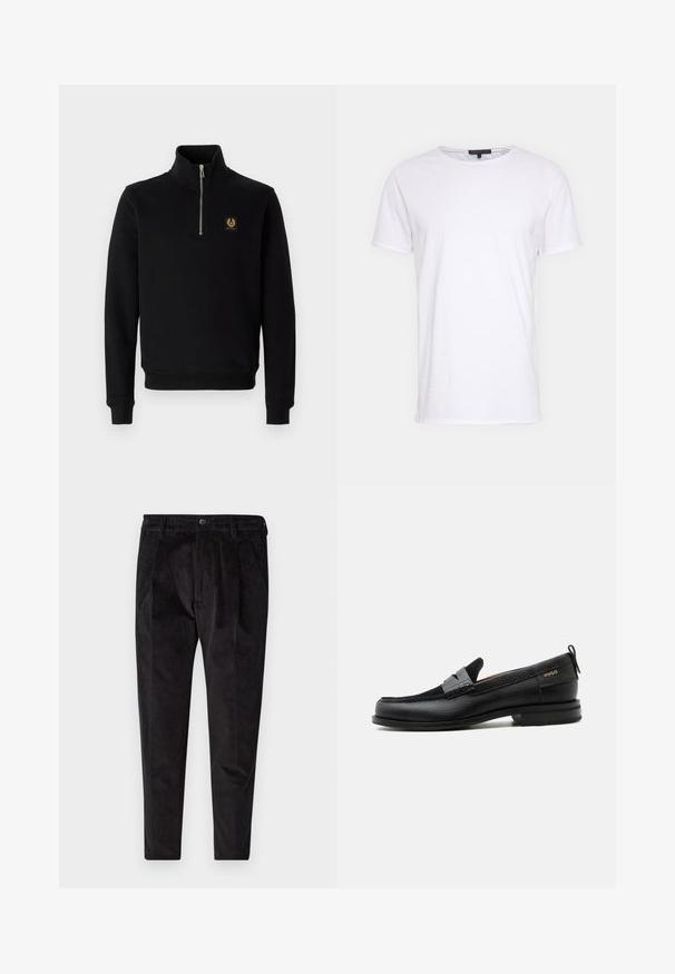 Sort, lynlåset sweatshirt lavet af en bomuldsblanding, med høj krave, ribbede manchetter og et guld logo-patch på brystet.; Hvid bomulds t-shirt med rund halsudskæring, korte ærmer og lige snit. Har en enkel, glat overflade uden yderligere mønstre.; Sorte fløjl bukser med en tekstureret overflade, der har lige ben, plisseret front og elastisk talje for øget komfort.; Sort læderloafer med grå remdetalje, lav hæl og tekstureret sål, mærket med "HUGO" i guld på siden.