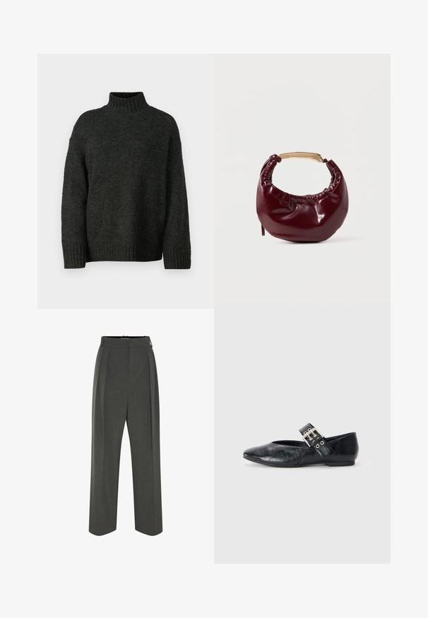 Vero Moda Tall VMMADDIE HIGHNECK PULL - Striktrøje - dark grey melange; Grå viddebukser i tekstureret stof med højtaljet pasform og forreste læg. Designet har en glat linning uden synlige lukninger.; Sort læder flad sko med spids tå, justerbar rem med en sølvspænde og en lav hæl for komfort.; Bordeaux farvet faux læder handbag med en afrundet form, samling detaljer og et guldtonet metalhåndtag. Glat tekstur og blank finish.