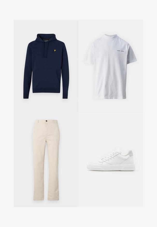 Marineblå hættetrøje med justerbar snøre, frontkangaroo-lomme og gult broderet logo på brystet. Blødt, blandet bomuldsstof.; Hvid bomulds t-shirt med høj halsudskæring og korte ærmer. Har "SAMSØE SAMSØE" logo i sort på forsiden. Glat tekstur.; Lyse beige bomuldsbukser med lige ben-design, der har en frontknaplukning, lynlåslukning og minimale syninger.; Hvide lædersneakers med en glat finish, rund tå, flade snørebånd og en struktureret sål. Grå ruskindsdetalje ved hælen.