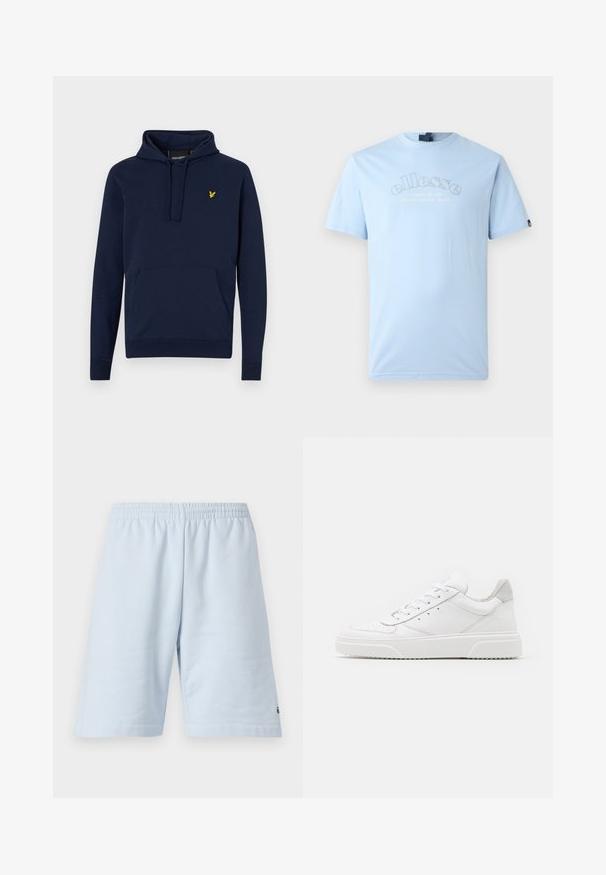 Sudadera color azul marino con cordones ajustables, bolsillo frontal tipo canguro y logo amarillo bordado en el pecho. Material suave de mezcla de algodón.; Ellesse QUESCO TEE - Camiseta estampada - light blue; Pantalones cortos de algodón azul claro con cinturilla elástica. Presenta un diseño simple y sólido con dobladillo abierto. Acento del logo en el dobladillo inferior.; Zapatillas de cuero blanca con un acabado suave, punta redondeada, cordones planos y una suela texturada. Acento de ante gris en el talón.