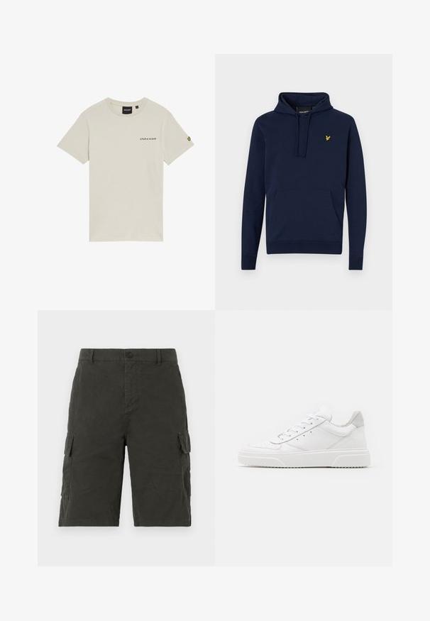 Marineblå hættetrøje med justerbar snøre, frontkangaroo-lomme og gult broderet logo på brystet. Blødt, blandet bomuldsstof.; Beige bomulds t-shirt med rund hals, korte ærmer og et lille "LYLE & SCOTT" logo trykt på brystet. Har et broderet logo på ærmet.; Mørkegrønne cargo shorts lavet af et letvægtigt stof, med to sidelommer og en knaplukning i taljen.; Hvide lædersneakers med en glat finish, rund tå, flade snørebånd og en struktureret sål. Grå ruskindsdetalje ved hælen.