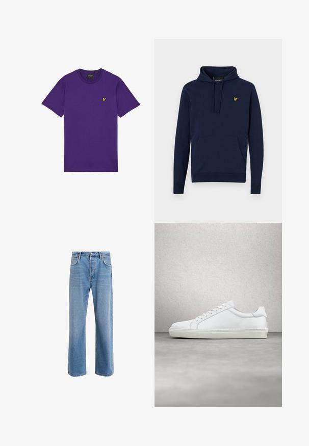 Sweat-shirt bleu marine avec cordon de serrage réglable, poche kangourou avant et logo brodé jaune sur la poitrine. Matière en coton mélangé douce.; T-shirt en coton violet à manches courtes, col rond, avec un petit logo d'oiseau jaune sur le côté gauche de la poitrine. Design simple et épuré.; Jeans en denim bleu clair avec une coupe droite, cinq poches, fermeture à bouton, peu d'usure et des détails de couture contrastés.; Sneaker blanche avec une tige en cuir lisse et un profil bas. Présente un bout arrondi, six œillets et une semelle en caoutchouc texturé.