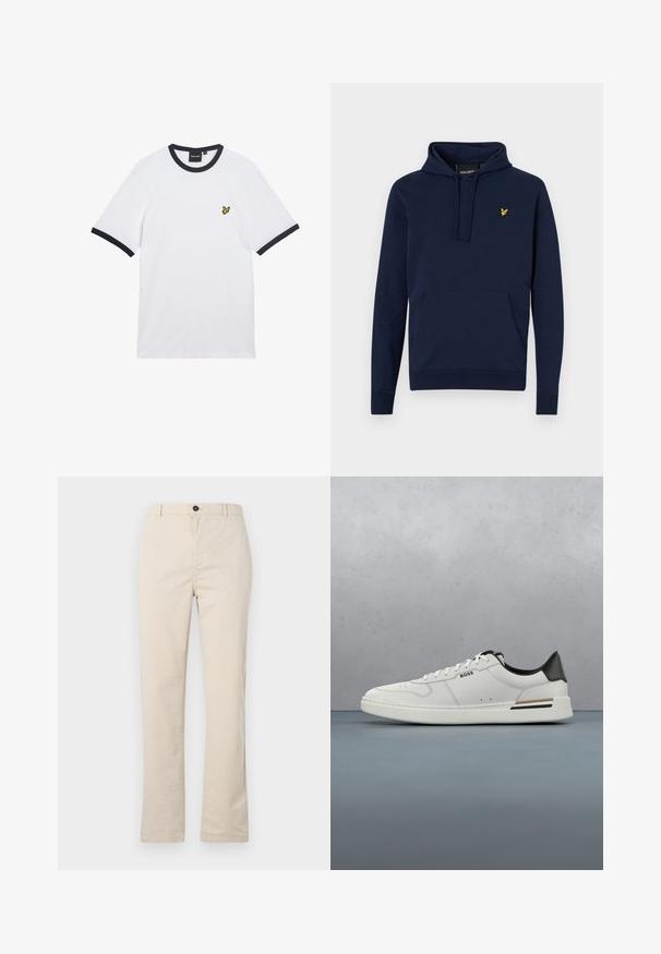 Sweat-shirt bleu marine avec cordon de serrage réglable, poche kangourou avant et logo brodé jaune sur la poitrine. Matière en coton mélangé douce.; T-shirt en coton blanc avec col et bordures des manches côtelés bleu marine. Présente un petit logo jaune brodé sur la poitrine.; Pantalons en coton beige clair avec une coupe droite, dotés d'une fermeture à bouton à l'avant, d'une braguette zippée et de détails de couture minimalistes.; Sneaker basse blanche avec talon noir, fermeture à lacets, perforations subtiles et logo "BOSS" sur le côté, vue depuis le profil extérieur.