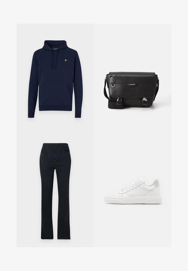 Sweat-shirt bleu marine avec cordon de serrage réglable, poche kangourou avant et logo brodé jaune sur la poitrine. Matière en coton mélangé douce.; Pantalons en coton bleu marine avec une coupe droite, dotés de deux poches avant, d'une fermeture à bouton et de détails de couture minimalistes.; Des baskets en cuir blanc avec une finition lisse, un bout rond, des lacets plats et une semelle texturée. Accents en daim gris au niveau du talon.; Sac messager Lacoste noir texturé avec bandoulière ajustable, rabat avant, poche zippée et fermetures à boucle en métal.