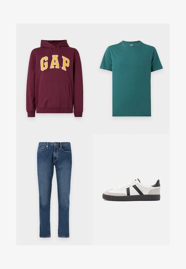 Sweat à capuche bordeaux avec lettres jaunes en bloc "GAP" sur le devant et une poche kangourou en dessous du logo.; T-shirt uni bleu sarcelle à manches courtes et col rond, posé à plat avec l’étiquette de marque GAP visible à l’intérieur du col.; Jean denim bleu à jambes droites avec un design classique à cinq poches et une fermeture à boutons, présenté à plat sur un fond blanc.; Baskets blanches avec des accents noirs et gris, présentant un embout texturé gris, une semelle en caoutchouc noir et des lacets plats blancs. Design épuré, style minimaliste.