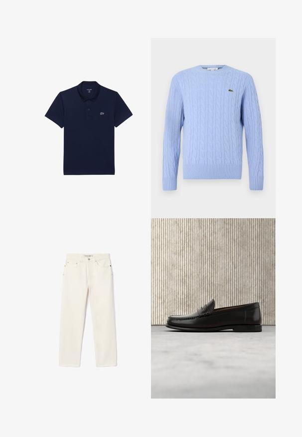 Lichtblauwe kabelbreisweater met een ronde hals, geribbelde manchetten en onderboord. Bevat een klein groen logo op de linkerborst.; Marineblauw polo shirt van katoen; voorzien van een klassieke kraag, korte mouwen en een klein wit geborduurd logo op de linkerborst.; Crème-kleurige denim jeans met een rechte pijp, voorzien van twee voorzakken, een knoopsluiting en subtiele branding nabij de tailleband.; Zwarte leren penny loafer met lage hak, afgeronde neus en gestikte details langs de voorkant en zijkanten, afgebeeld op een neutrale achtergrond.
