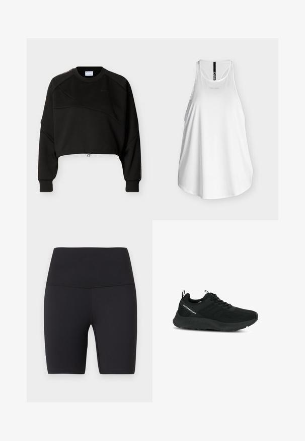 Sort cropped sweatshirt med lange ærmer, rund hals, subtile diagonale sømdetaljer og justerbar snøre i kanten.; Hvid Calvin Klein ærmeløs atletisk tanktop med racerback og lille logo på brystet og lodret stribe med logo på ryggen.; Sorte cykelshorts med høj talje, flade syninger og længde til midt på låret, designet til atletisk eller afslappet brug.; Sort sportsko med en struktureret overdel, netpaneler og en polstret sål. Har snørebånd og en løkke ved hælen for nem påtagning.