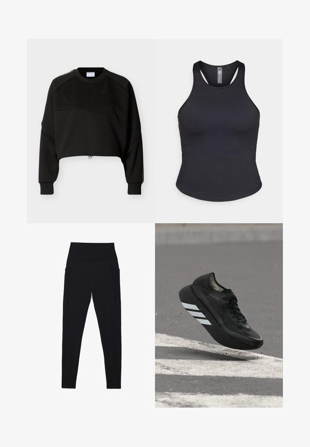 Sort cropped sweatshirt med lange ærmer, rund hals, subtile diagonale sømdetaljer og justerbar snøre i kanten.; ONLY Play ONPSANA SHORT - Top - black; Sorte leggings med høj, ribstrikket talje, sømløst design, sidelommer og glat tekstur hele vejen igennem.; Sort løbesko med hvide striber på sålen, svævende over asfalt med hvide vejstriber og slynter små stykker op.