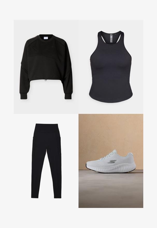 Sweat-shirt noir court avec manches longues, col rond, détails discrets avec coutures diagonales, et cordon de serrage ajustable à l'ourlet.; ONLY Play ONPSANA SHORT - Débardeur - black; Leggings noirs avec une taille haute côtelée, un design sans coutures, des poches latérales et une texture lisse sur toute la surface.; Baskets athlétiques blanches avec semelle texturée et dessus en maille, arborant un logo "S" argenté, flottant au-dessus d'un tapis beige et d'un fond de canapé.