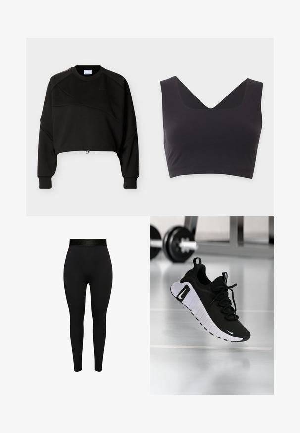 Schwarzes kurz geschnittenes Sweatshirt mit langen Ärmeln, Rundhalsausschnitt, dezenten diagonalen Nahtdetails und verstellbarem Kordelzug am Saum.; Schwarzes ärmelloses Crop-Top mit breiten Trägern und tiefem V-Ausschnitt auf einfarbig hellem Hintergrund.; Schwarze Leggings aus elastischem Material, mit einem hohen, elastischen Bund und subtiler Markenkennzeichnung. Glatte Textur, figurbetonendes Design.; Schwarzer Sportschuh mit strukturiertem Stoffobermaterial, weißer Sohle und auffälligem Schnürsystem. Verfügt über ein Nike-Logo und ein weiches, gepolstertes Design.
