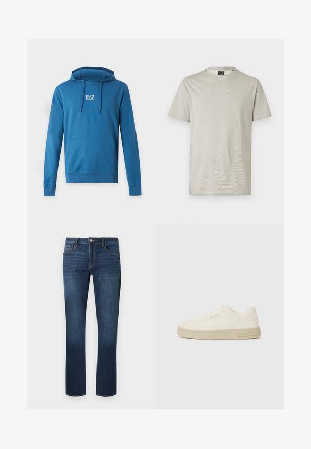 Blauwe capuchonsweater met voorzak en EA7 Emporio Armani-logo in het midden van de borst, met trekkoorden op de capuchon.; Lichtgrijs t-shirt met korte mouwen, een honingraatstructuur en een ronde hals. Label zichtbaar bij de hals.; Donkerblauwe spijkerbroek met rechte pijpen, een ontwerp met vijf zakken en een knoopsluiting aan de voorkant, met subtiele vervaging op de dijen.; Witte canvas sneakers met een gestructureerde rubberen zool, featuring een gestikte neuskap en logo-accent op de hak. Eenvoudig vetersluiting ontwerp.