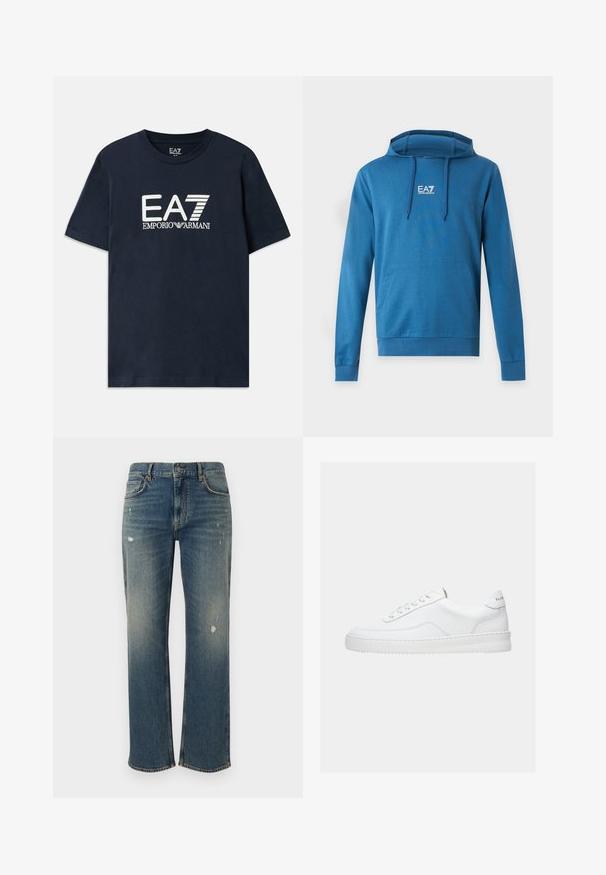 Modrá mikina s kapucňou, predným vreckom a logom EA7 Emporio Armani v strede na hrudi, s šnúrkami na kapucni.; Modrá bavlnená tričko s krátkymi rukávmi a okrúhlym výstrihom. Na prednej strane sa nachádza výrazné biele logo EA7 Emporio Armani.; Denimové jeansy v stredne modrej farbe s rovný strihom, s jemným vyblednutím a poškodenými miestami. Klasický dizajn s piatimi vreckami a zapínaním na horný gombík.; Biela nízka teniska so šnurovacím dizajnom, hladkým koženým zvrškom a hrubou podrážkou, zobrazená z bočného pohľadu na jednoduchom pozadí.