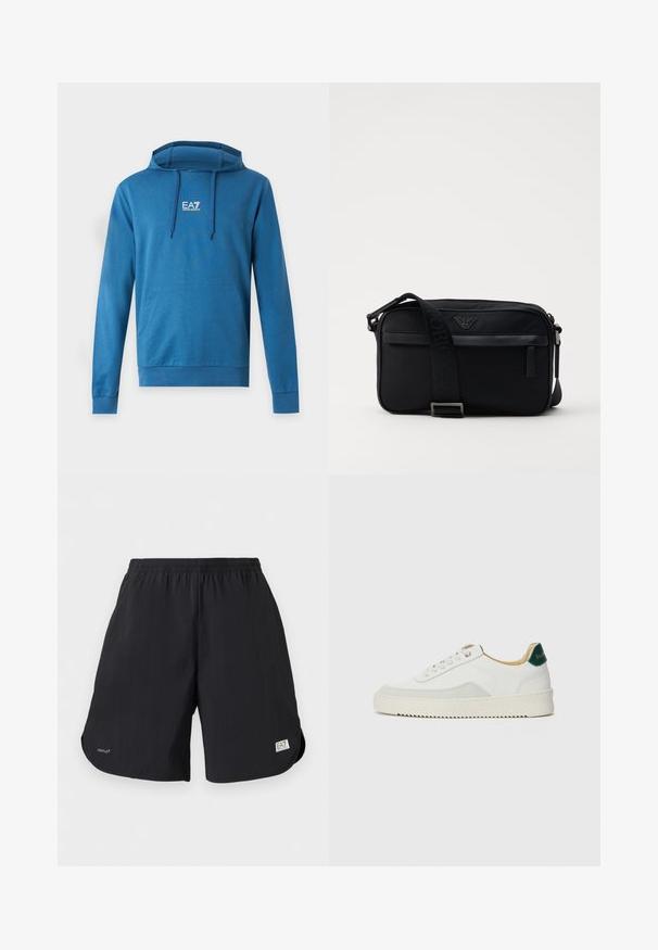 Sweat à capuche bleu avec poche avant et logo EA7 Emporio Armani centré sur la poitrine, avec des cordons sur la capuche.; Shorts décontractés noirs avec taille élastique, petit texte "VENTUS7" sur la jambe gauche, et écusson logo EA7 Emporio Armani sur l'ourlet de la jambe droite.; Baskets blanches avec des accents en daim, bout arrondi, lacets plats et semelle en caoutchouc crème. Présente une marque verte sur le talon.; Sac à bandoulière en nylon noir avec une sangle contrastante, une forme rectangulaire élégante, un détail de logo et une poche zippée à l'avant.