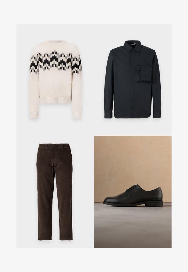 Beige strikket sweater med sort, grå og beige geometrisk mønster over brystet og ærmerne, med ribbede manchetter og kant.; Sort langærmet skjorte lavet af glat stof. Har krave med knaplukning og en brystlomme til venstre med lynlås. Klassisk pasform.; Brune fløjl bukser med lige ben design, der har en frontlukning med knap og standard bæltestropper. Glat tekstur og klassisk snit.; Sort poleret lædersko med snørebånd, vist svævende over beige tæppe og lys sofa i baggrunden.
