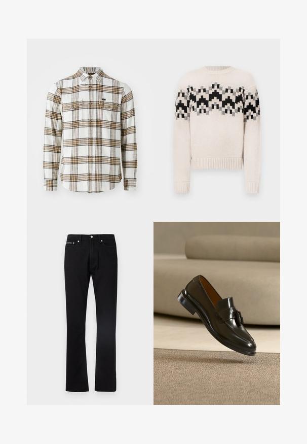 Beige gestrickter Pullover mit schwarz-grauem und beigem geometrischem Muster über der Brust und an den Ärmeln, mit gerippten Bündchen und Saum.; Lee CLEAN WESTERN - Hemd - ecru ochre plaid; Schwarze, gerade geschnittene Jeans mit fünf Taschen und Knopfverschluss, flach auf weißem Hintergrund ausgelegt.; Schwarzer Ledertasselloafer, der über einem beigen Teppich schwebt, im Hintergrund ein beiges Sofa.