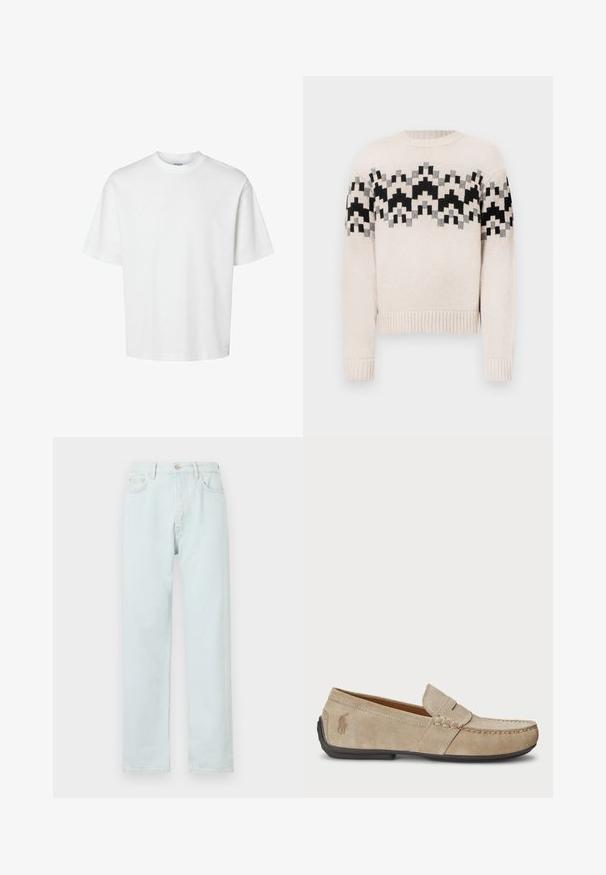 Beige neulottu villapaita, jossa on musta, harmaa ja beige geometrinen kuosi rinnassa ja hihoissa, varustettuna ribbineuloksella tehtyillä hihoilla ja helmalla.; Yksinkertainen valkoinen lyhythihainen paita pyöreällä pääntiellä ja rento istuvuus, esitetty valkoisella taustalla.; Vaaleansiniset suorat farkut, jotka on valmistettu denimistä, ja joissa on nappisuljin, hienovarainen kuluminen ja viisi taskua.; Beige mokasíny z semišu s prešívaním, plochou gumovou podrážkou a malým logom na boku. Klasický dizajn na obutie, jemná textúra.