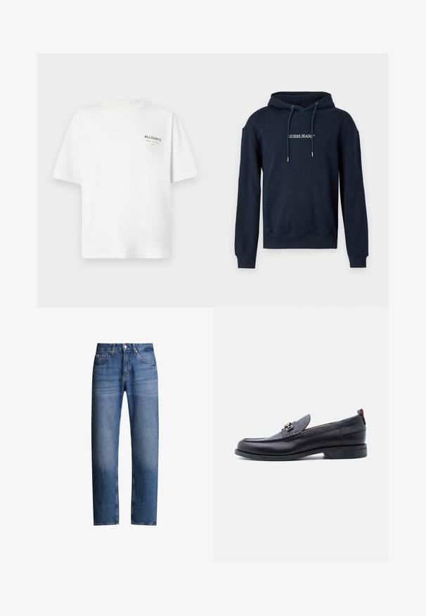 Marineblå hættetrøje lavet af bomuldsblanding, med en kængurulomme, snor i hætten og "GUESS JEANS" logo i hvidt på brystet.; Hvid kortærmet bomulds T-shirt med lille sort "ALLSAINTS" tekst og japanske tegn trykt på venstre bryst.; Blå denimjeans med lige pasform, fem lommer og lynlås. Har en let falmet effekt og syninger langs sømmene.; Sort lædermokasin med grå tekstureret forfod, sølvfarvet metalspænde, lav hæl og trækflap bagpå.